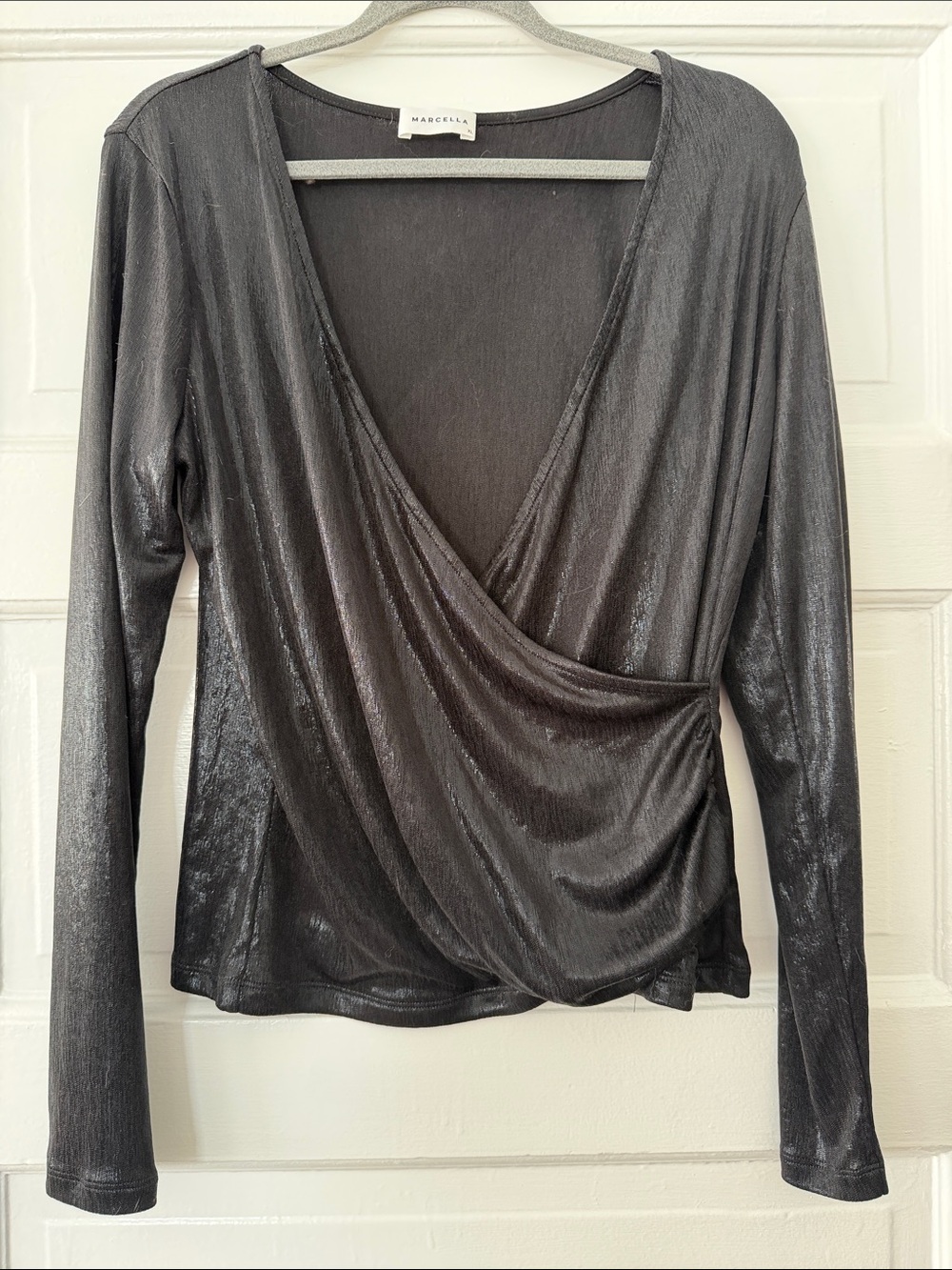 Shimmery Black Wrap-Style Long Sleeve Top